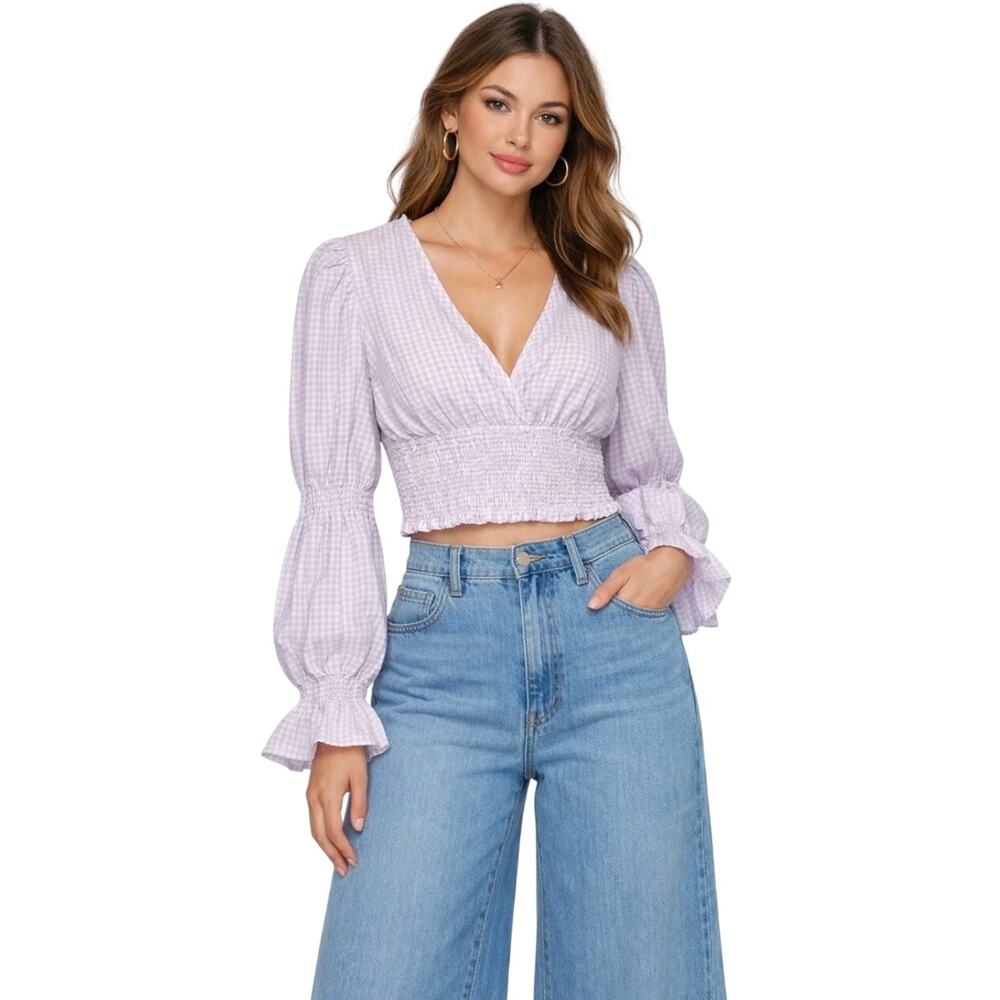 Violet Romance Womens Lilac Gingham Crop Top UK 14 US 10 Puff Sleeve Shirred